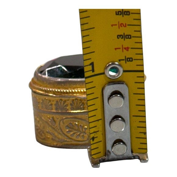 Antique Miniature Trinket Large Emerald Green Goldtone Filigree Ring Jewelry Box - Picture 5 of 12